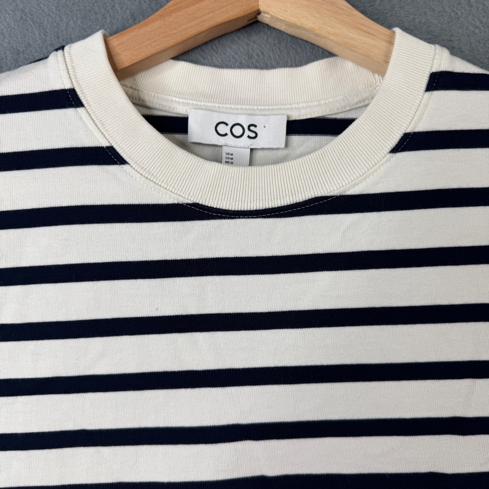 COS Womens Medium Striped Long Sleeve Cotton T-Shirt Cream Navy Blue Breton 8787 - Picture 3 of 8